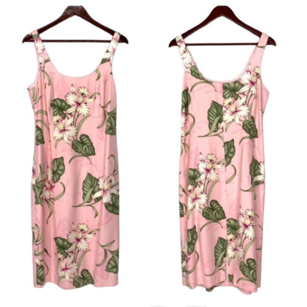 Rare Vintage Kahala Light Pink & Green Hawaiian Silk Dress Sleeveless Scoop Neck